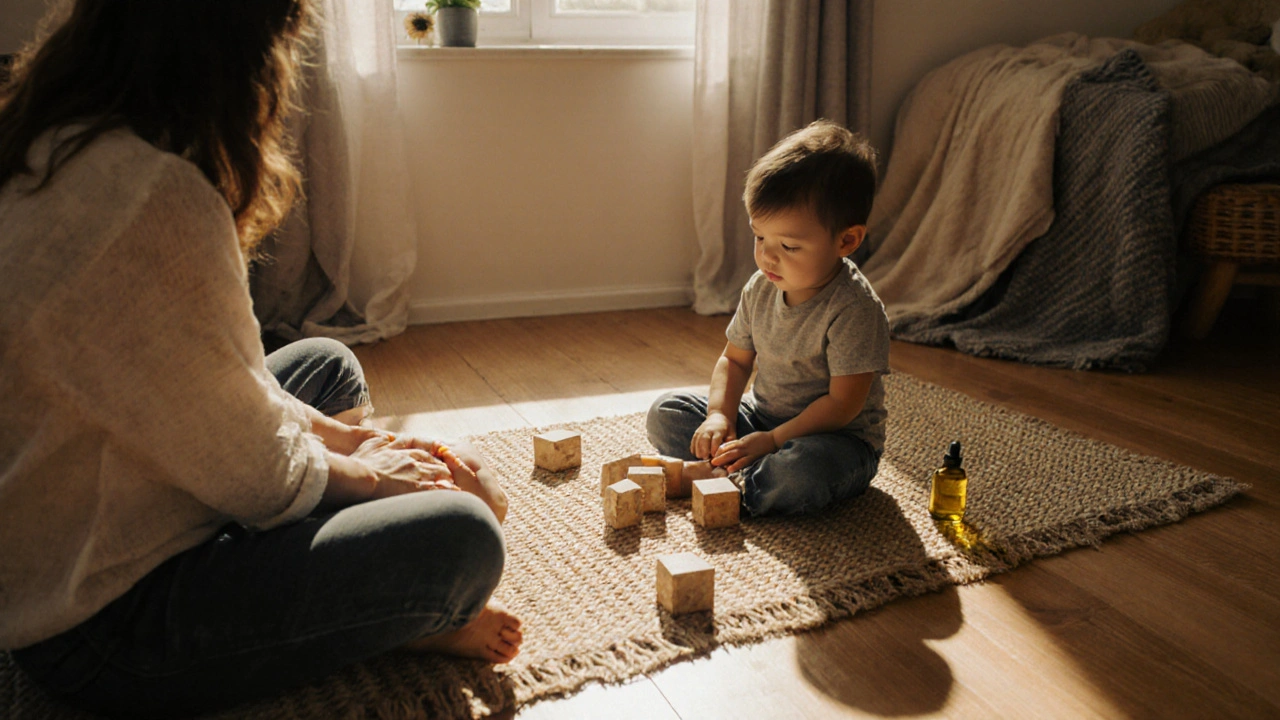 Dvě děti společně s rodičem: jedna je masírována, druhá klidně hraje.