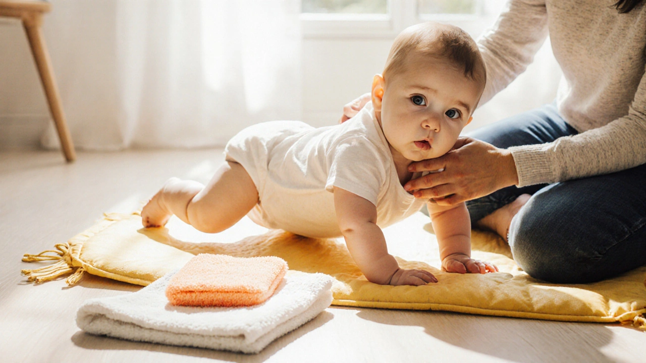 Miminko během tummy time na podložce, rodič ho drží a vedle leží teplý obklad.