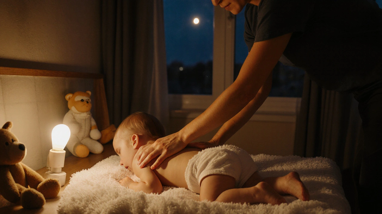 Těhotná matka hladí záda batolata po koupeli ve výhřevu večerního světla.