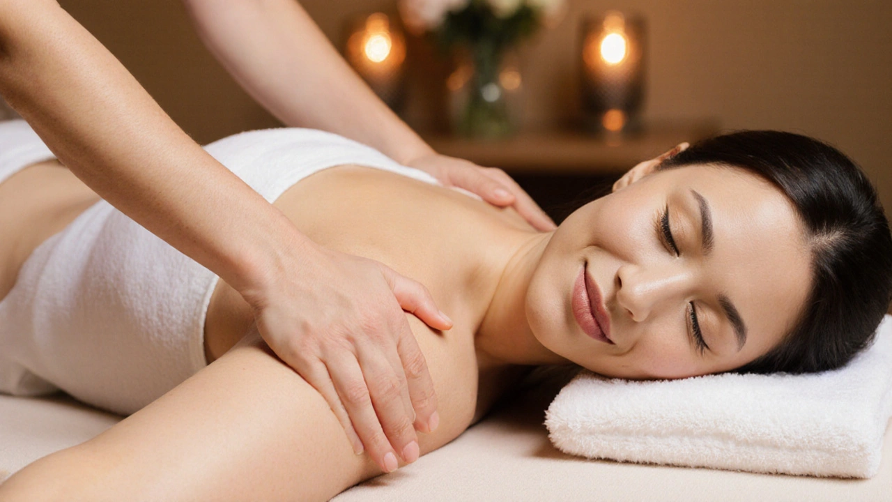 Terapeutka jemně masíruje lýtko a stehen těhotné ženy v klidném prostředí.