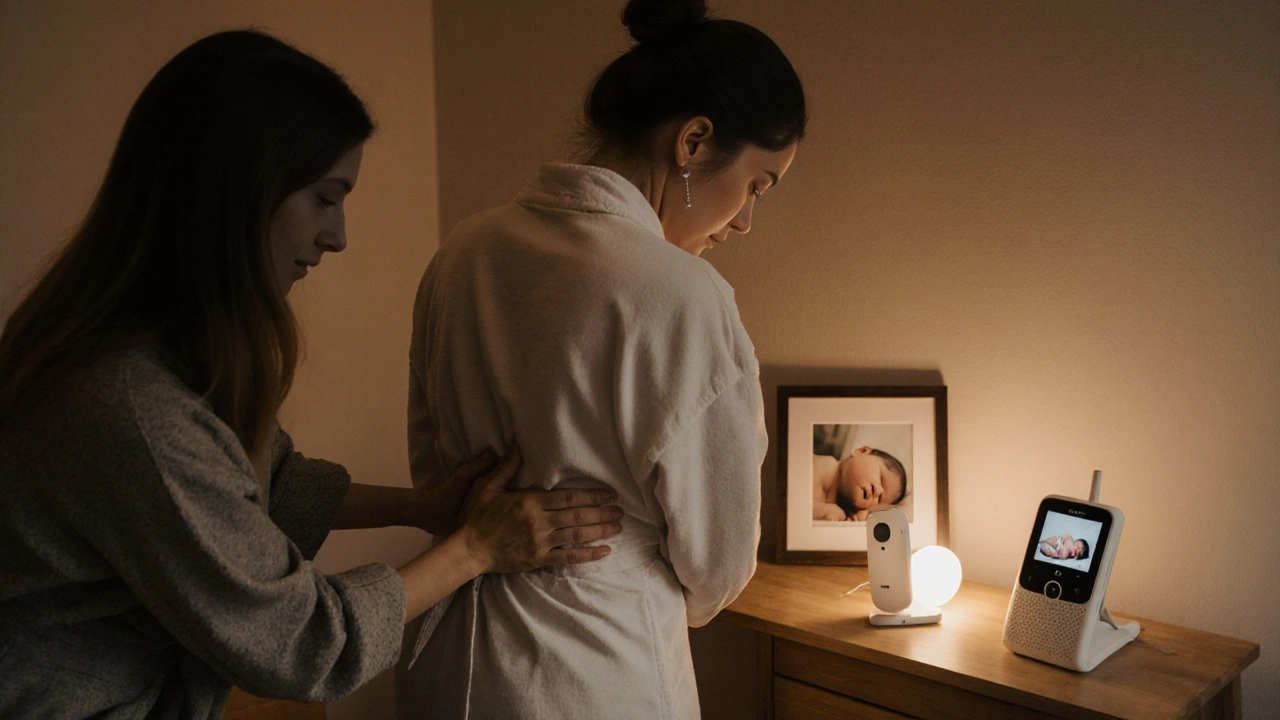 Žena po porodu si odpočívá během masáže zádů a pánve s fotografií novorozence na stole.