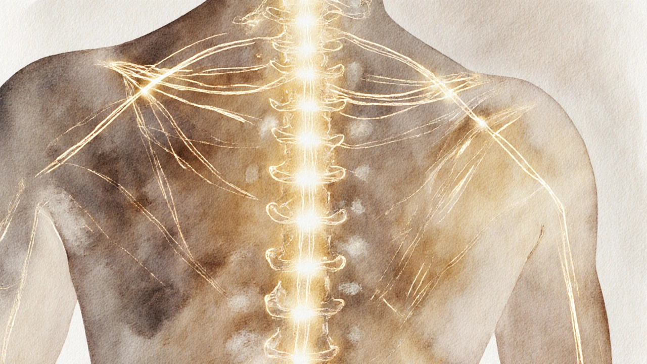 Abstraktní vyobrazení energetických linek těla v zlatých odstínech, symbolizujících uvolnění napětí.