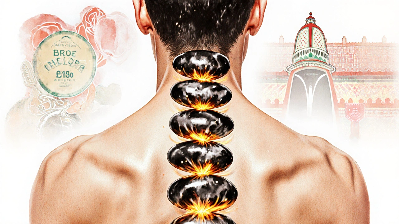 Bazaltové kameny leží po délce páteře, vydávají jemné teplo a symbolizují hluboké uvolnění svalů.