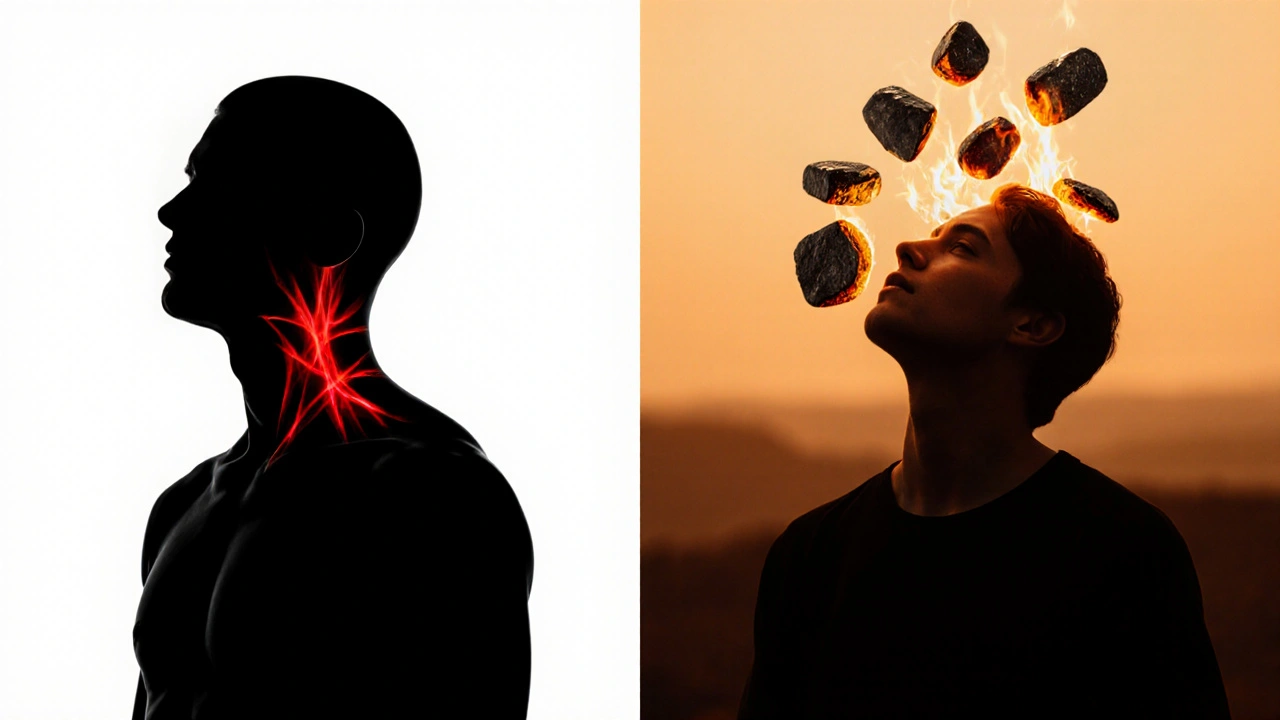 Kontrast napjatého a uvolněného těla s kameny jako symbolem uvolnění bolesti a stresu.