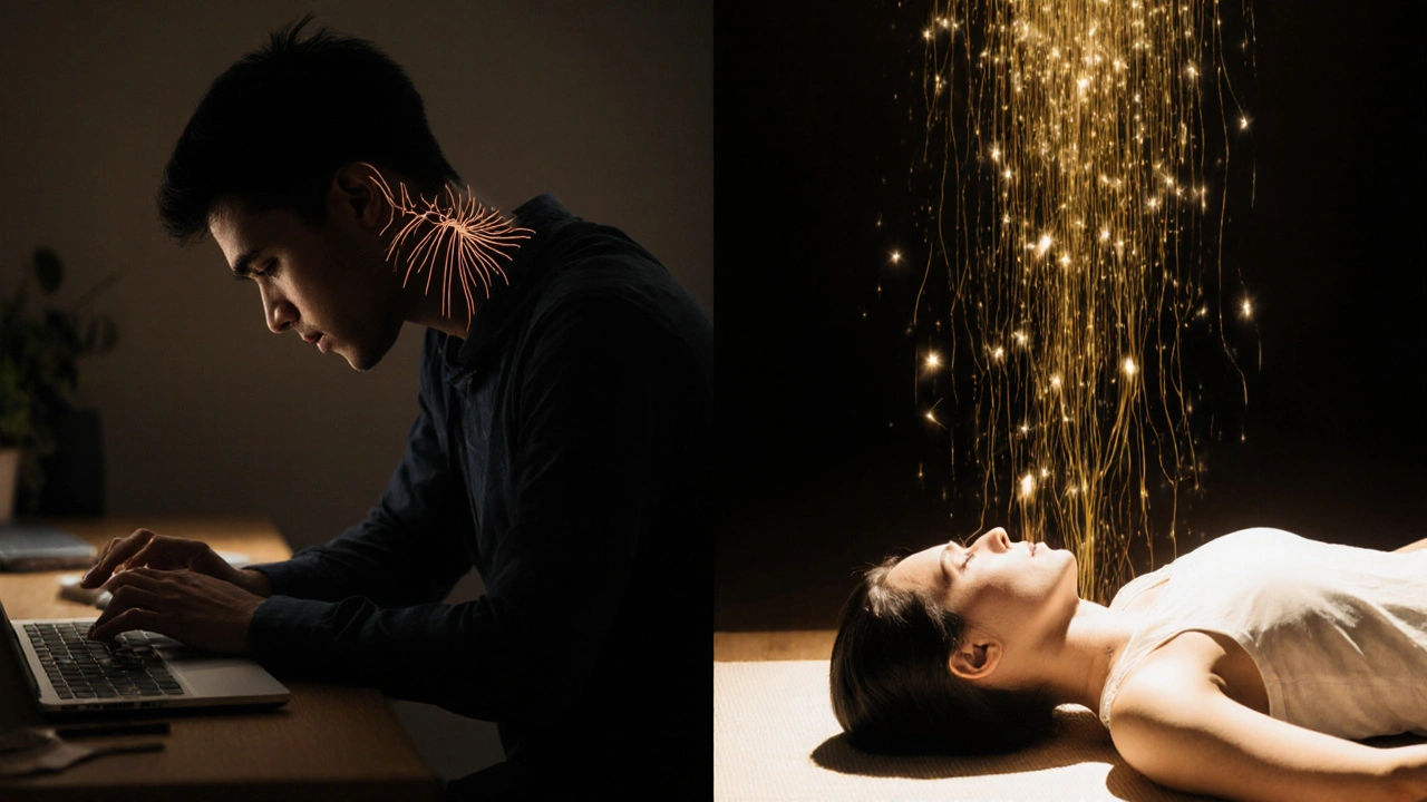 Před a po: napjatý člověk u počítače vs. uvolněný člověk v klidu během masáže.