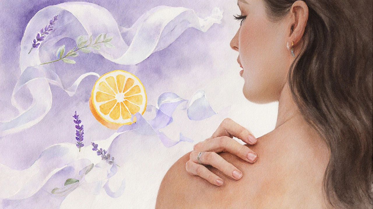 Ruka aplikuje aromatický olej na rameno, zatímco vůně vznášejí abstraktní obrazky klidu.