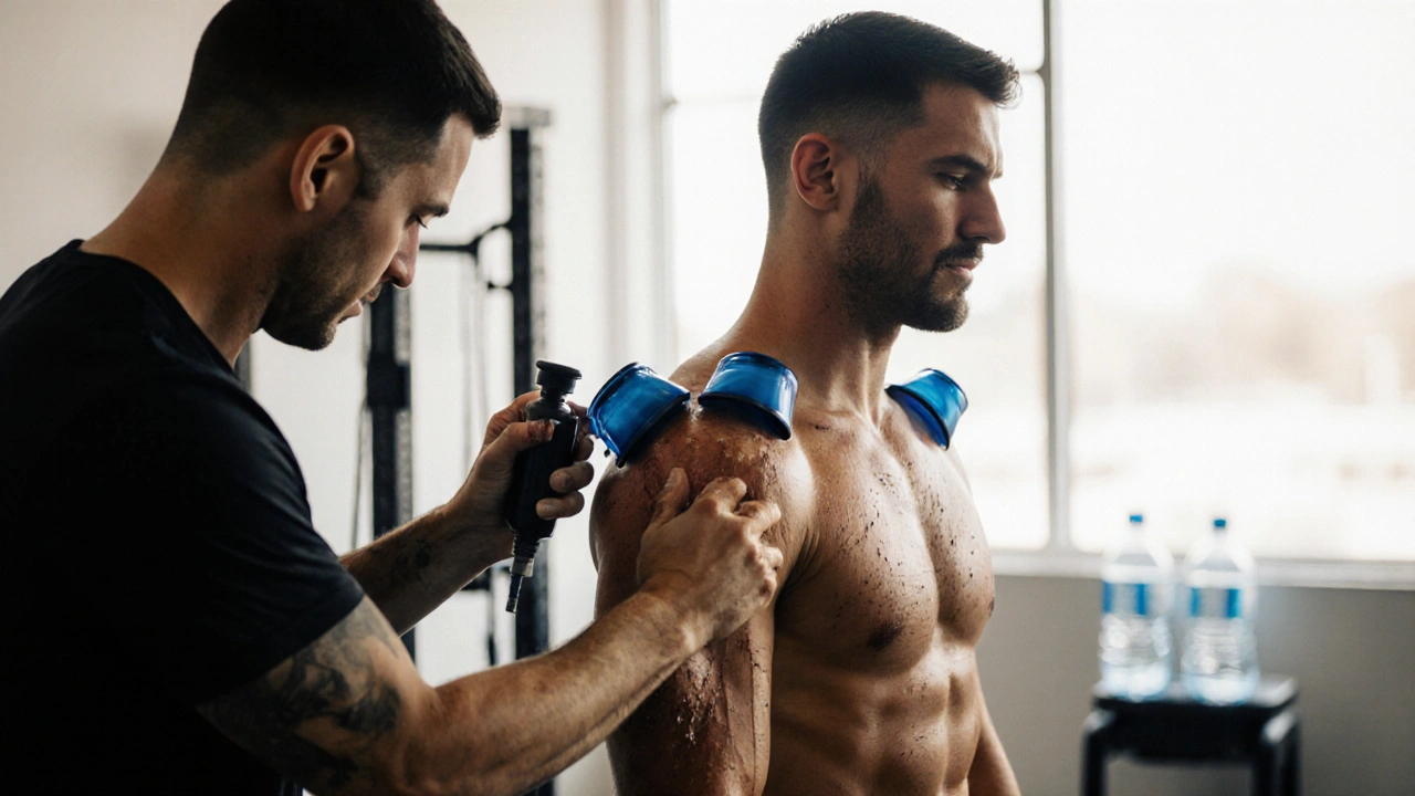 Terapeut aplikuje baňky na ramenní šlachy sportovce v klinice.