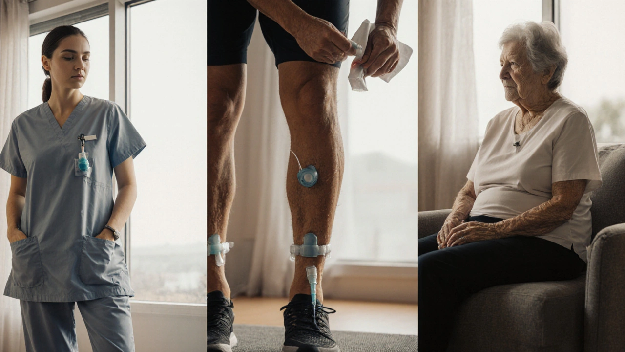 Tři různí lidé prožívající vakuoterapii v různých prostředích s klidnými výrazy.