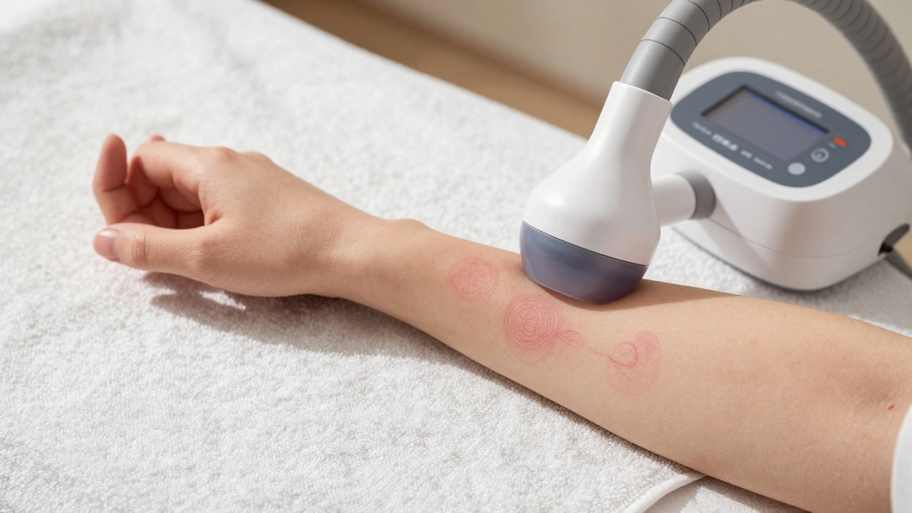 Blízký pohled na paži s jemnými kruhovými otisky po vakuoterapii.