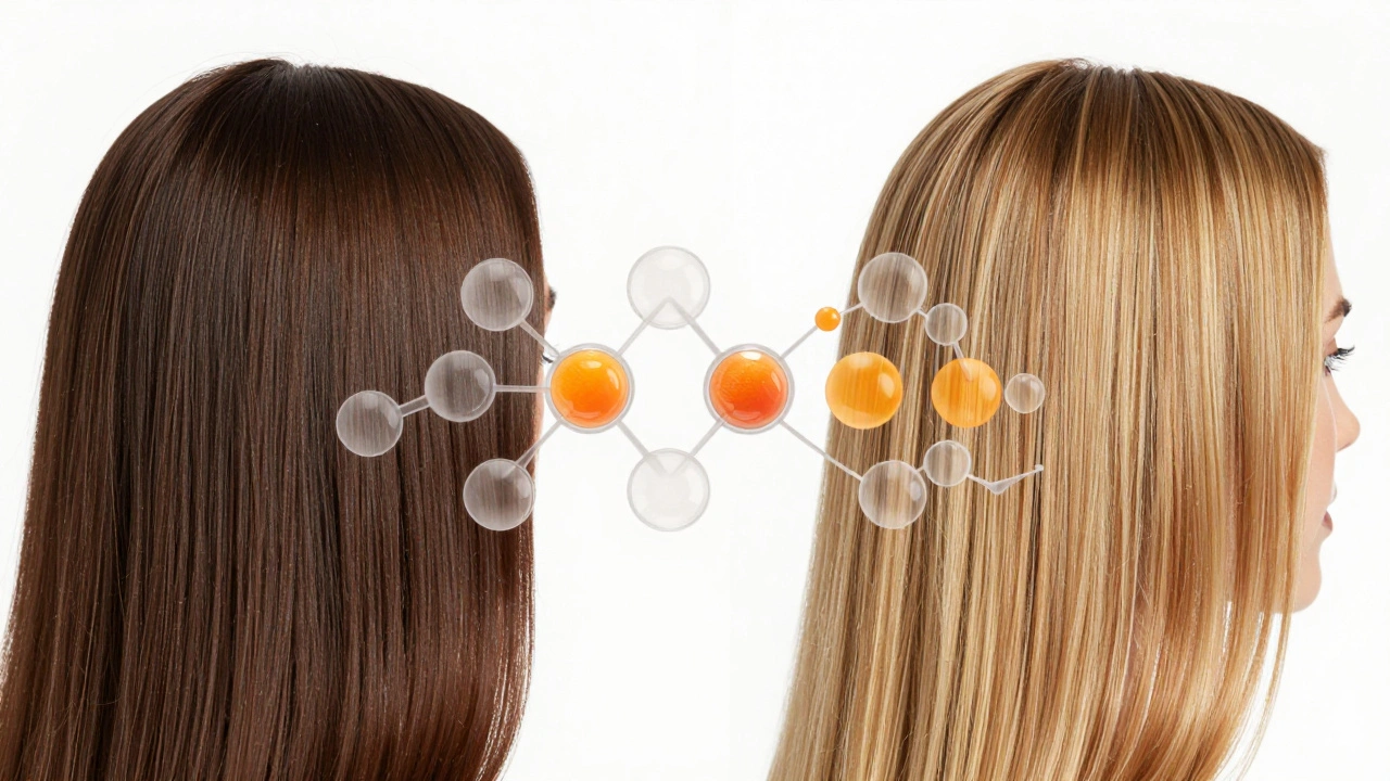Dvě strany vlasů: tmavé a jemně zesvětlené, s abstraktními molekulami vitamínu C.
