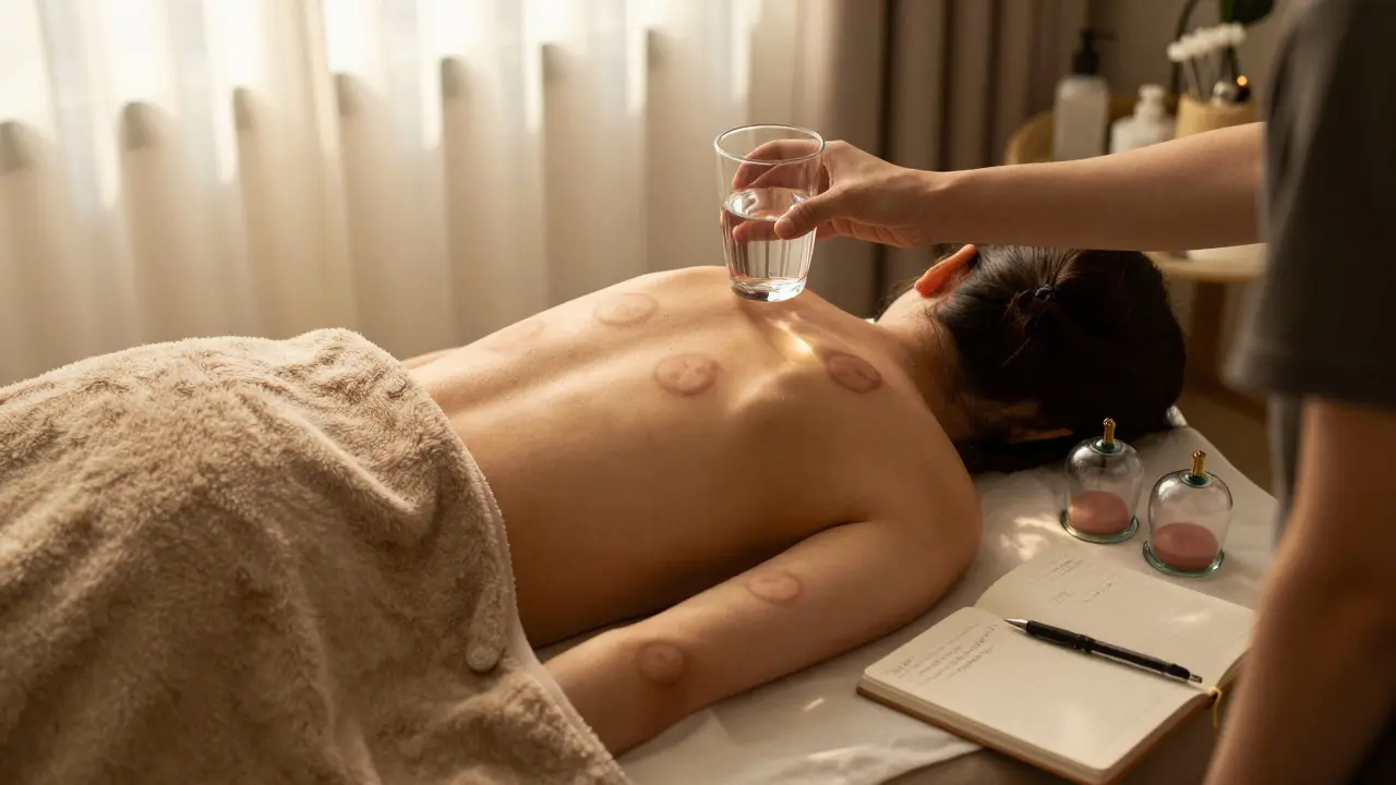 Pacient se uvolňuje po sezení baňkování s sklenicí vody.