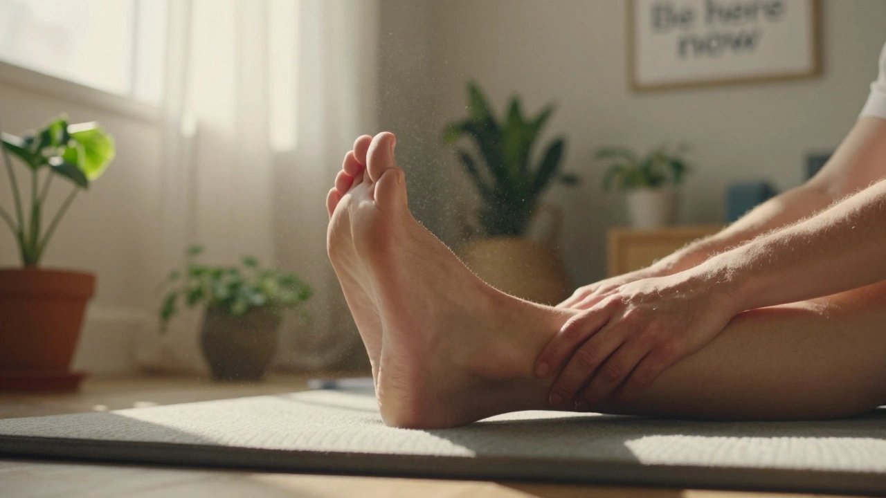 Ruce dotýkají nohy a páteře osoby v klidném domácím prostředí s jemným světlem.