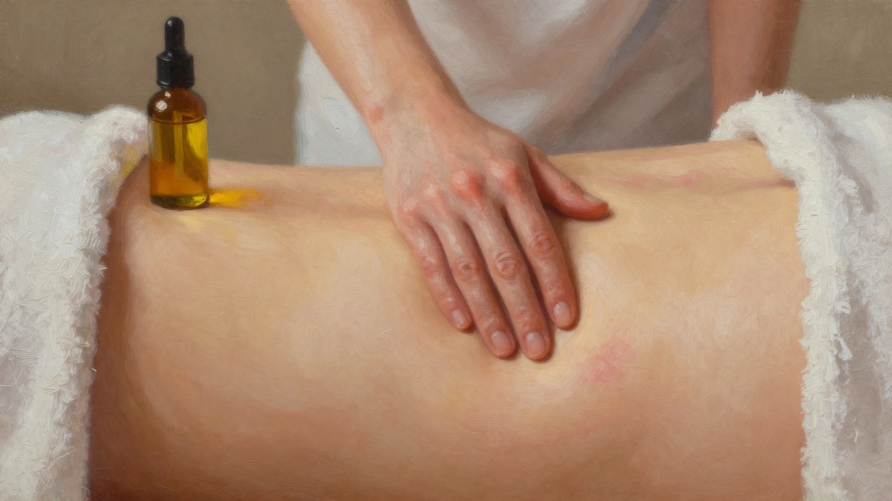 Ruka jemně masíruje jizvu po císařském řezu s použitím oleje.