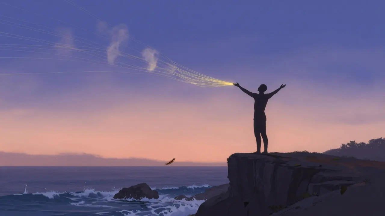 Silueta osoby na skále v záři ranního slunce, kdy se od ní odplývají zlaté nitky napětí.