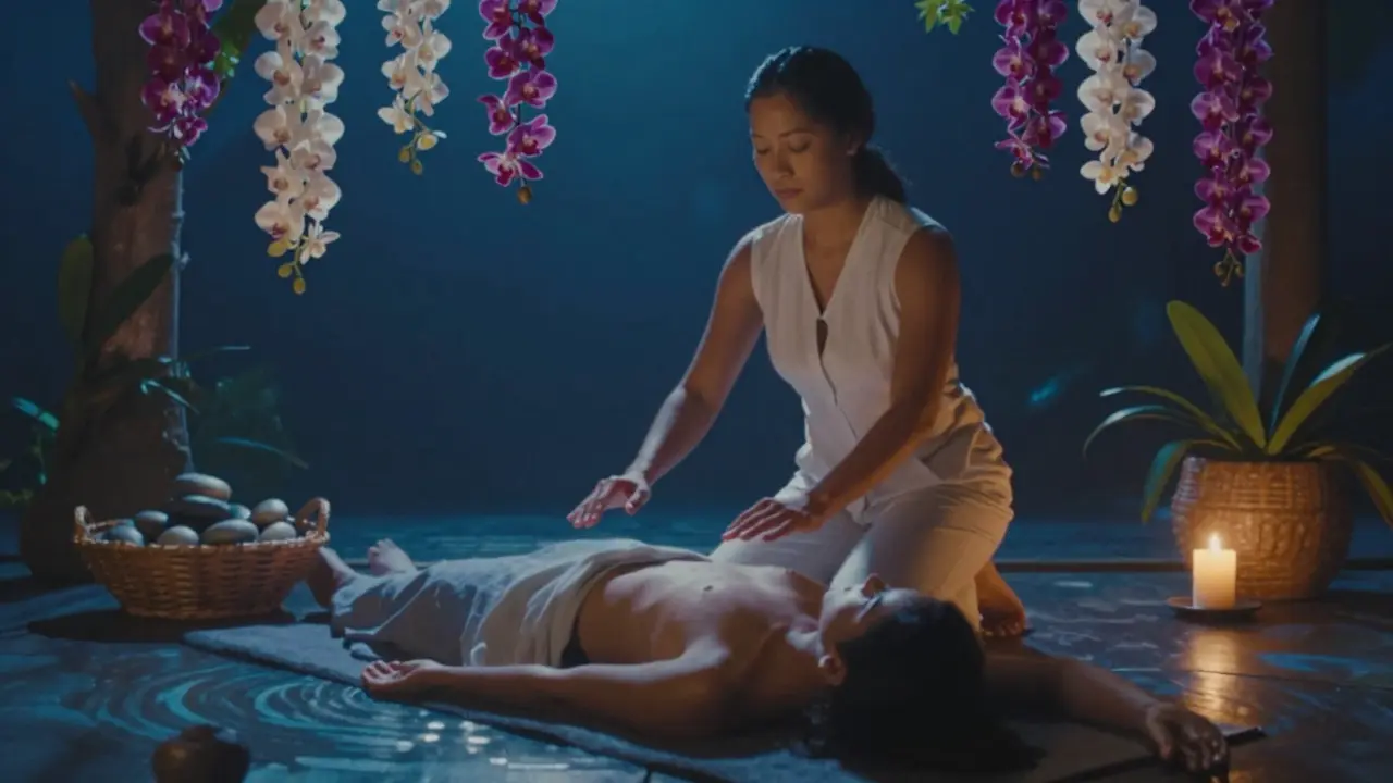 Terapeut stojí s otevřenými rukami nad klientem, kolem něj kvetou orchideje a svíčka září.