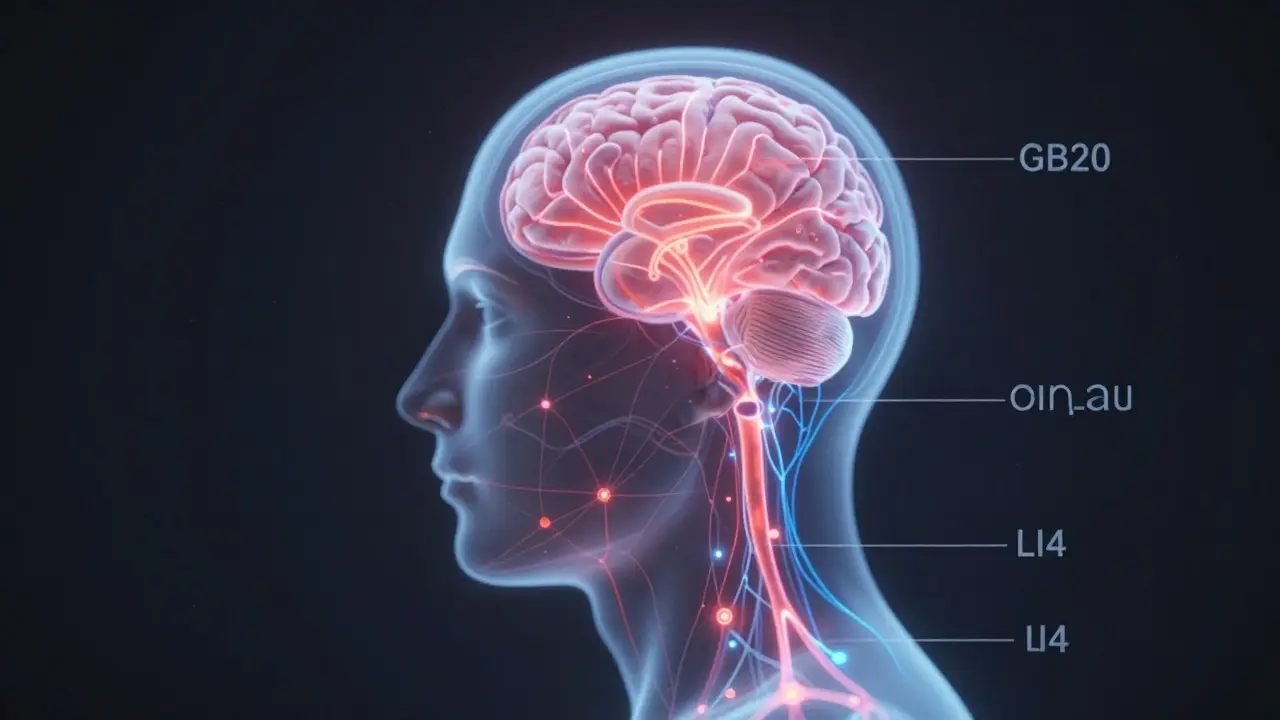 Translucenční obrázek hlavy s osvětlenými nervovými cestami spojujícími body tlaku s mozkem.