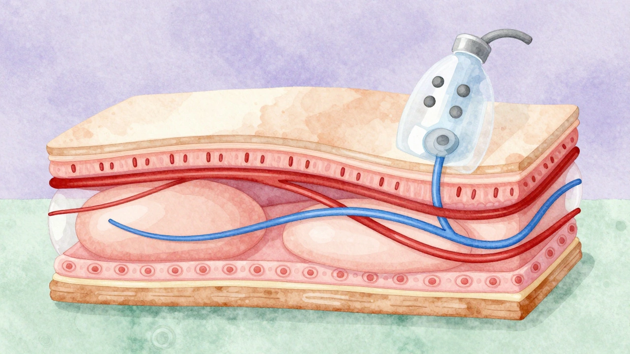 Umělecké znázornění vnitřních tkání pod vakuovým tlakem s proudy krve a lymfy.