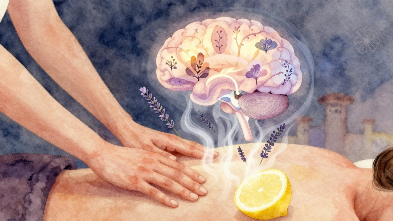 Vizualizace molekul esenciálních olejů působících na oblasti mozku odpovědné za emoce.