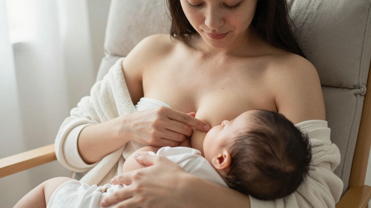 Žena masíruje prsy během kojení v klidném domácím prostředí.