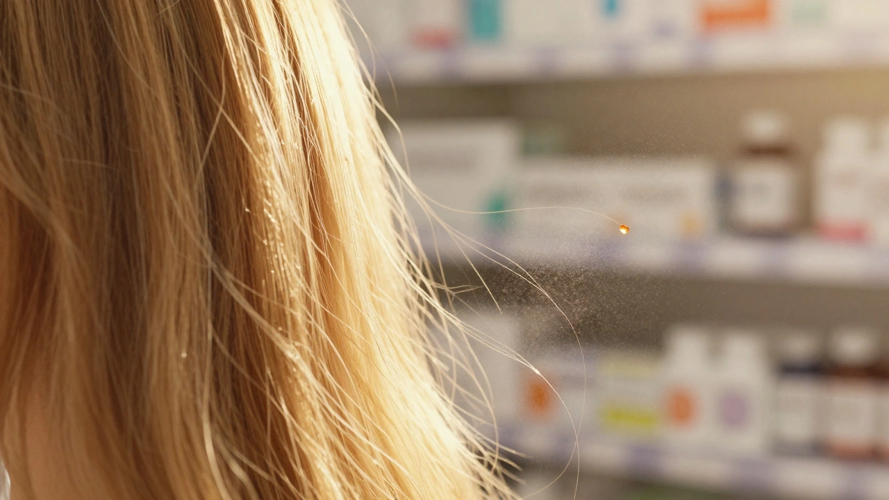 Zlaté vlasy se jemně světlí pod slunečním světlem s částečkami vitamínu C.