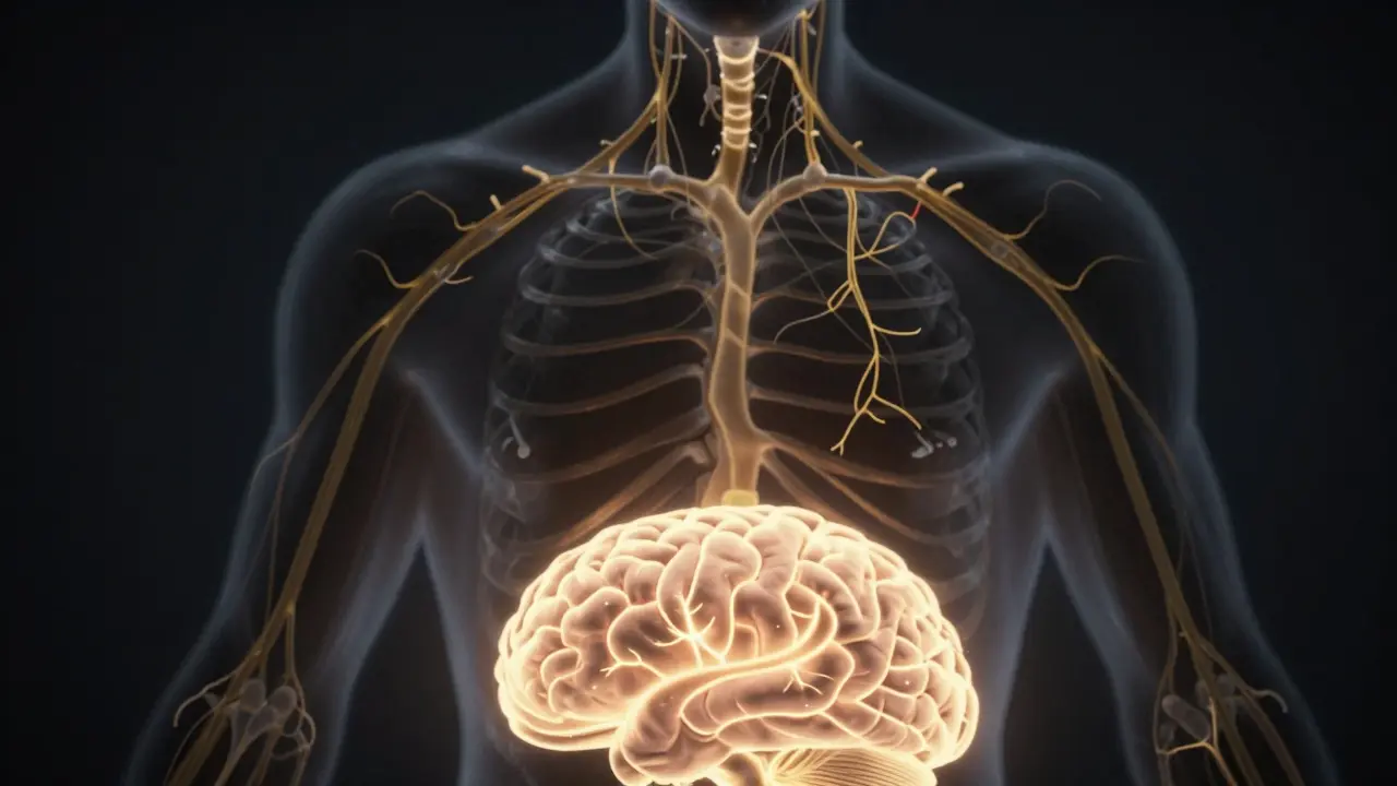 Abstraktní znázornění těla s jasnými zlatými proudy lymfy směřujícími k lymfatickým uzlům.