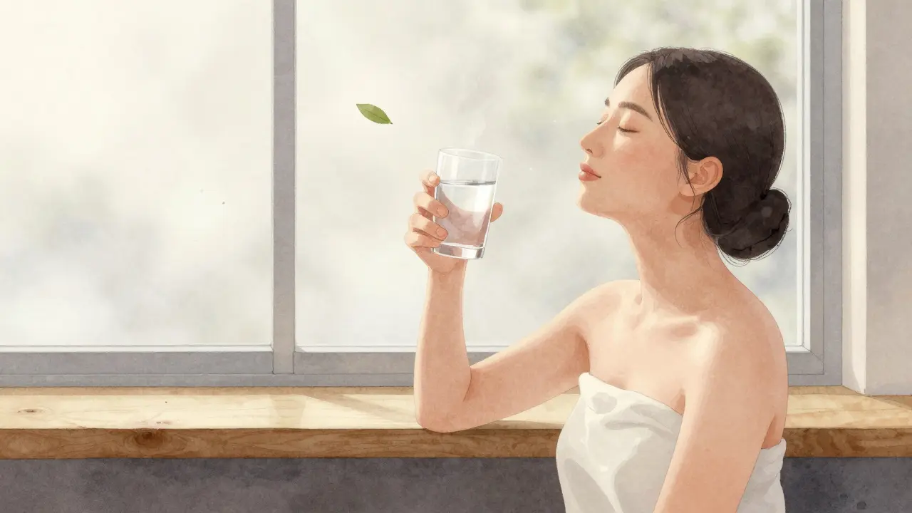 Osoba po masáži sedí u okna, pije vodu, klidně si odpočívá v tichém prostředí.