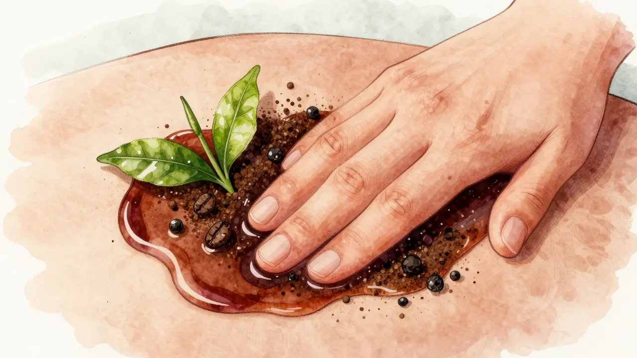 Ruka aplikuje na kůži masážní olej s kávovým práškem a řepným koncentrátem.