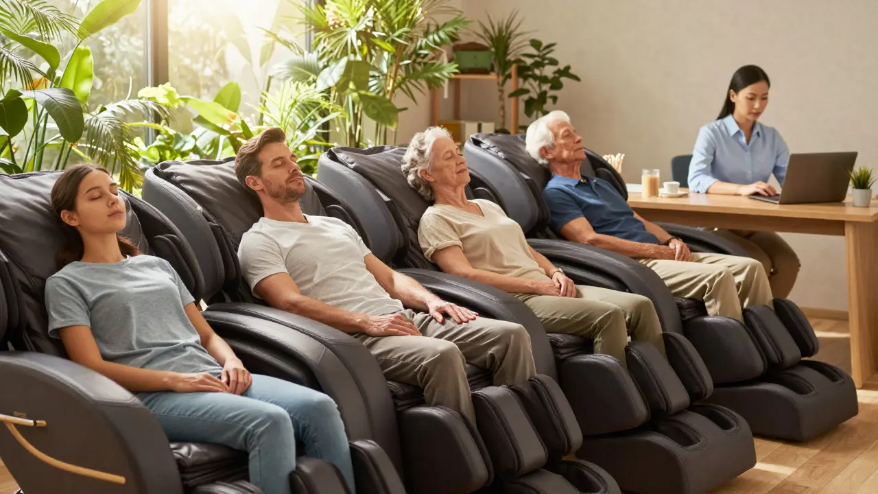 Různí lidé různých věků užívají regenerační masáž v klidném, přírodním prostředí.