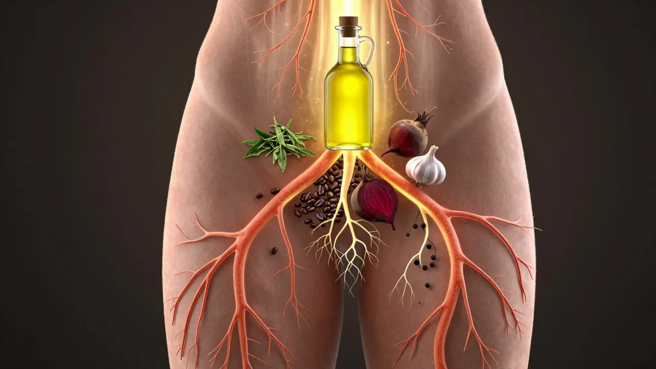 Schematický vývoj krevního oběhu pod kůží podporovaný přírodními bylinkami.