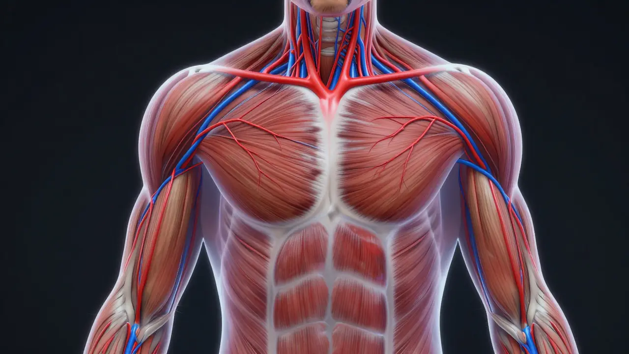 Transparenční ilustrace krevních a lymfatických cév aktivovaných masáží v těle.