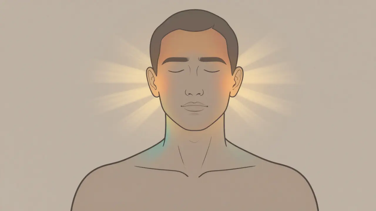 Anatomický nákres ukazující klíčové body pro antimigrenozní masáž: krk, čelo a oblast za ušima.