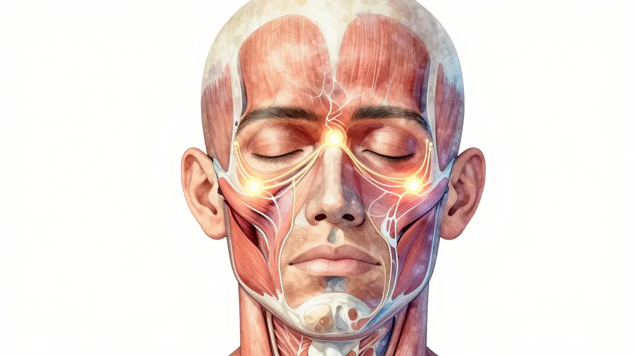 Křížový řez hlavy a krku s označenými body pro antimigrenozní masáž a uvolňujícími nervovými cestami.