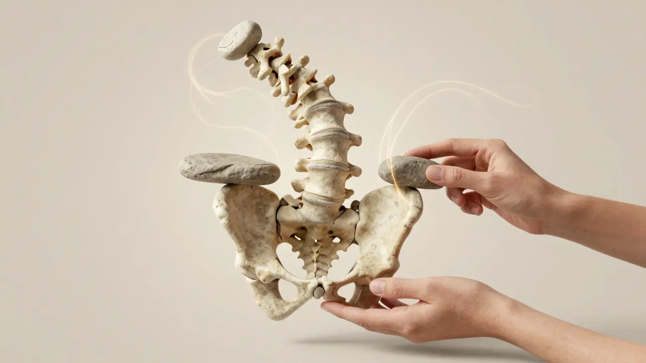 Obrázek páteře a pánve jako kamenné stavby, kde je jeden kámen posunutý a je vracen do polohy.