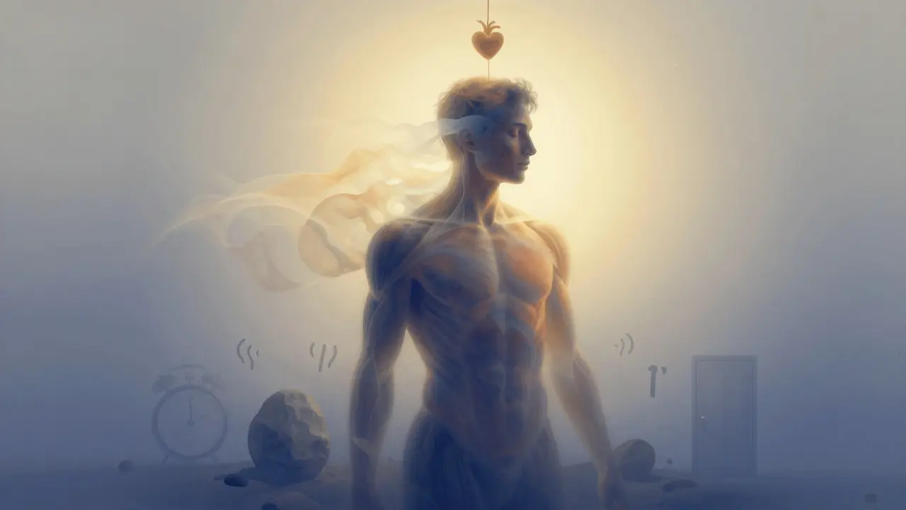 Průhledný lidský obraz rozplynulý ve zlatém světle, stresové symboly mizí pod ním — znázornění vnitřního uzdravení.