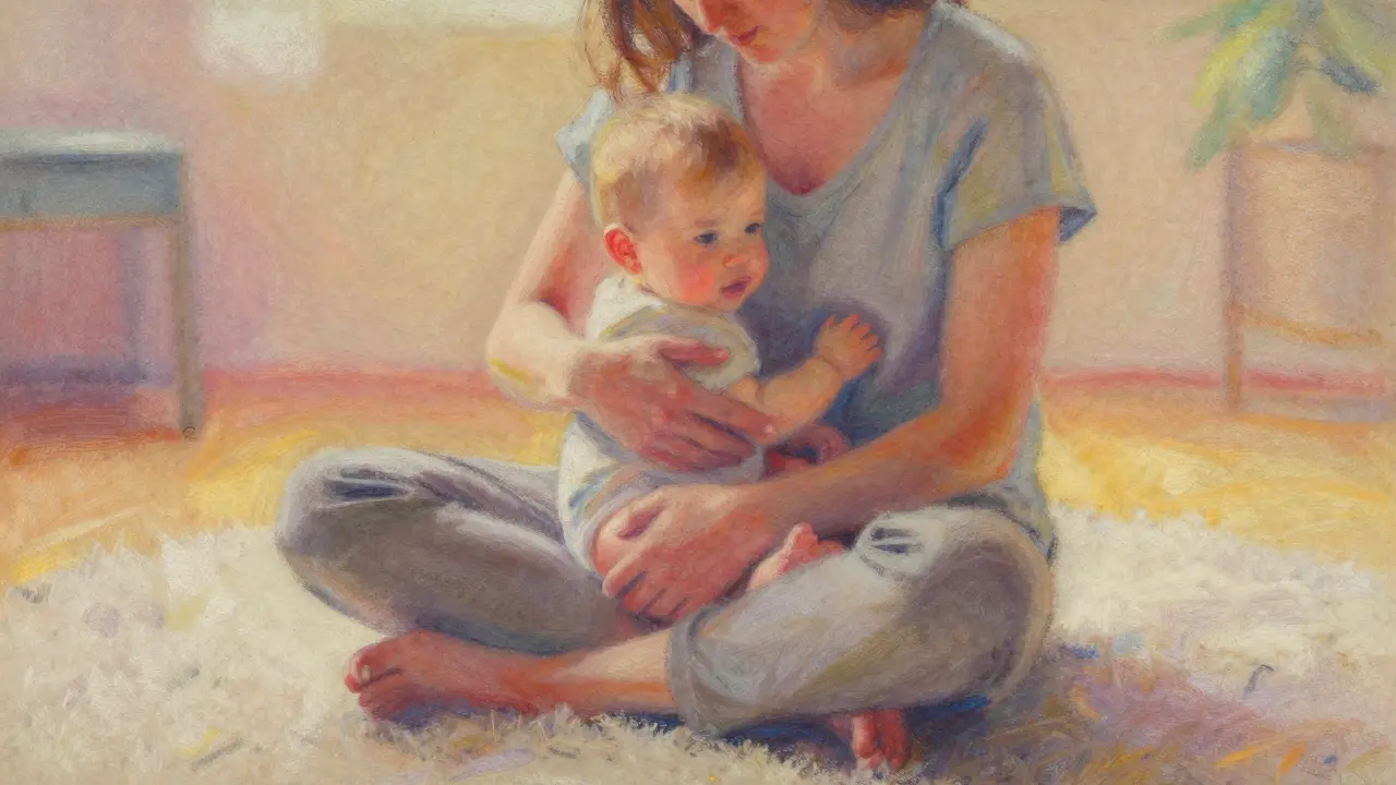 Rodič drží kojence v náručí v klidné místnosti.