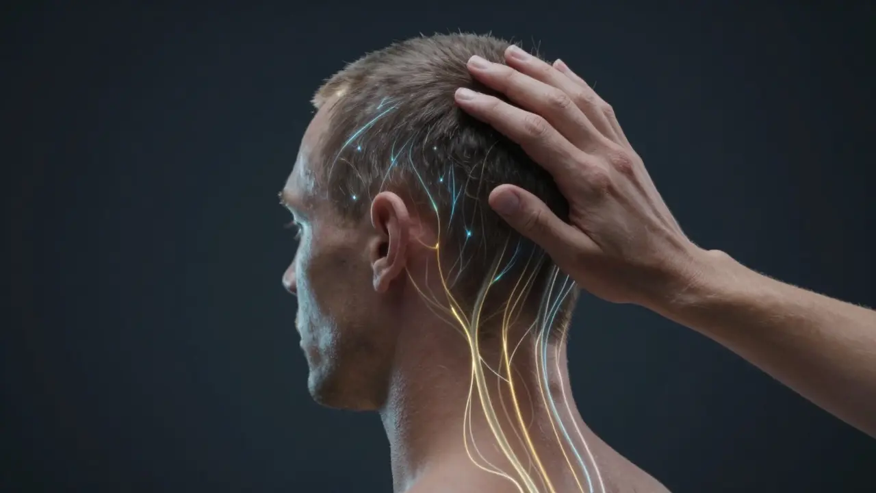 Ruka provádí masáž od krku k temeni, s jemnými světelnými čarami symbolizujícími uvolnění nervů.
