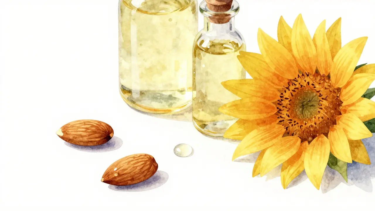 Skleněné nádoby s přírodními oleji na bílé podložce.