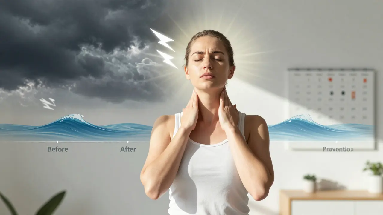 Žena v osvěženém prostředí s představou přechodu od bolesti k prevenci, bez léků, jen s masáží.