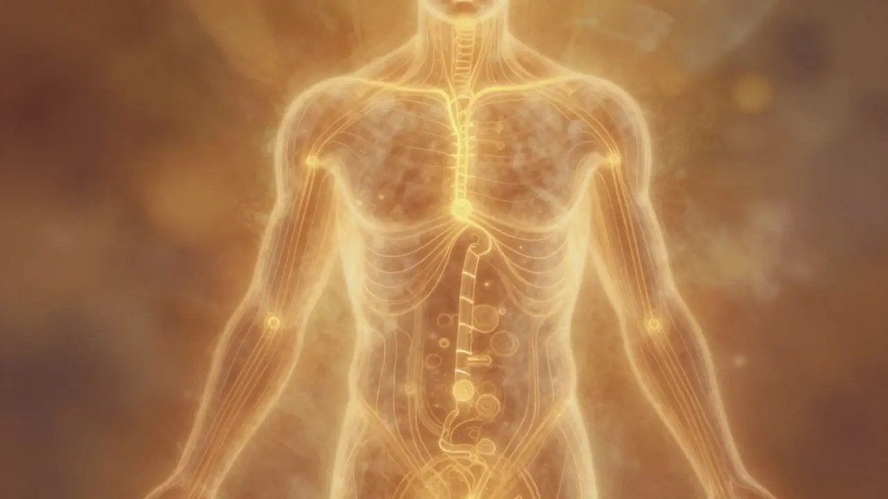 Abstraktní znázornění energetických drah v lidském těle