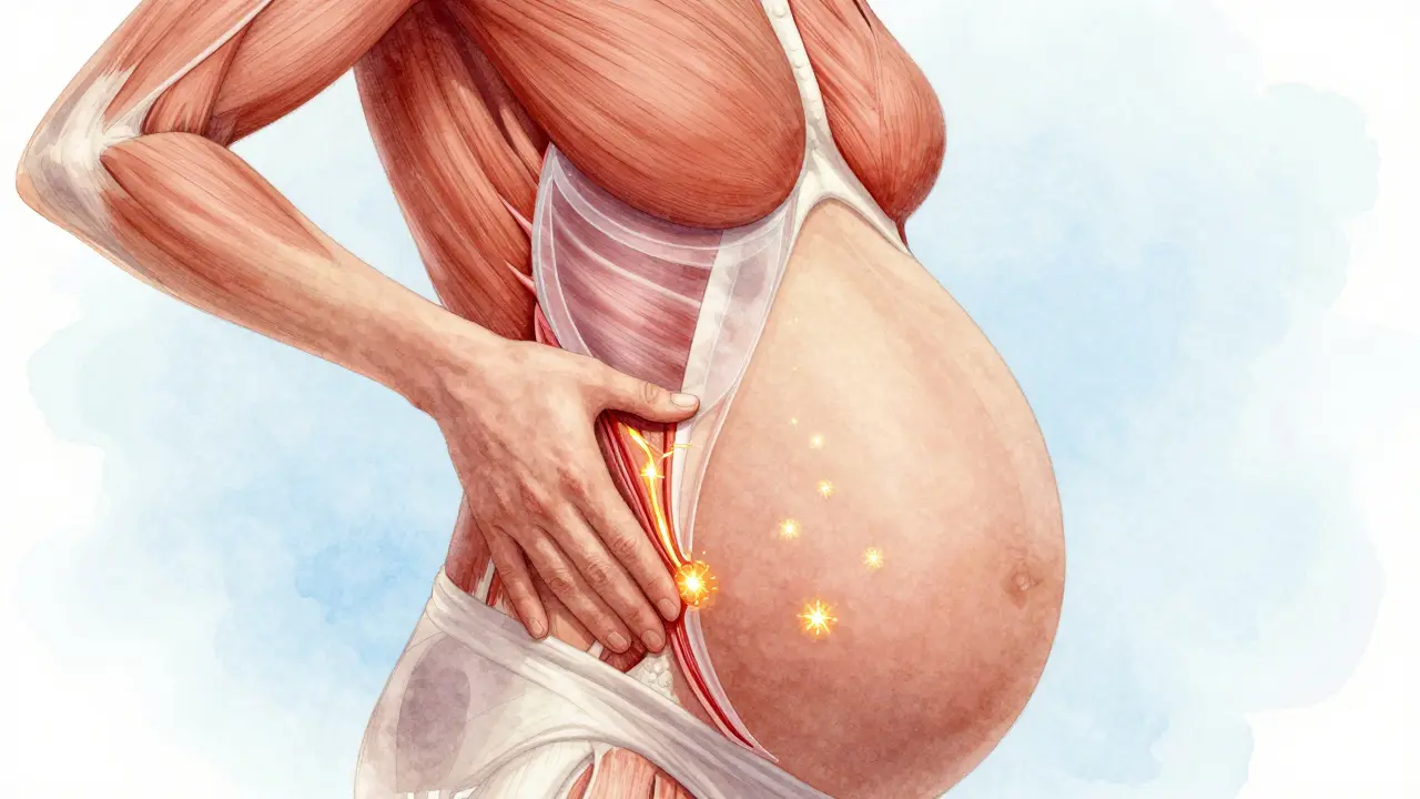 Anatomický nákres těhotné ženy s uvolněným bránicí a rozšířenými plicemi po masáži hrudníku.