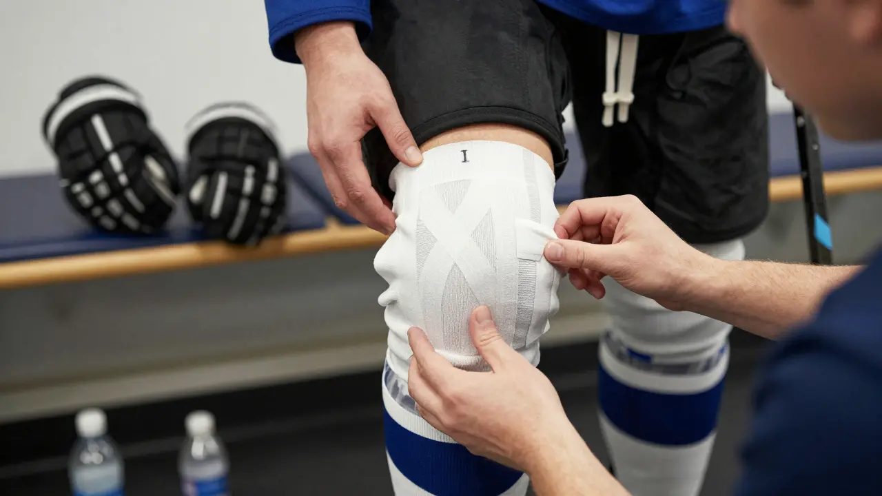 Fyzioterapeut tejpue koleno hokejisty v šatně, detail aplikace lékařského pásu.