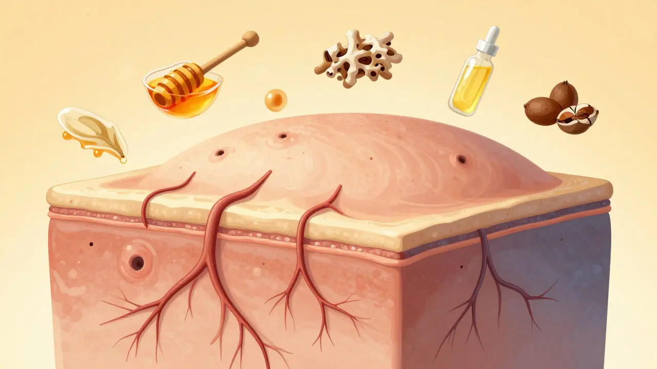 Ilustrace zdravé a zablokované pokožky hlavy s krevními cévami a nervy, vyznačující účinek přírodní péče.