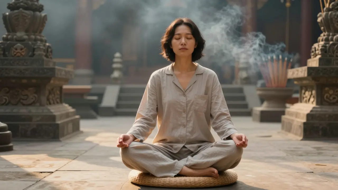 Klidný člověk v meditativní poloze na polštáři