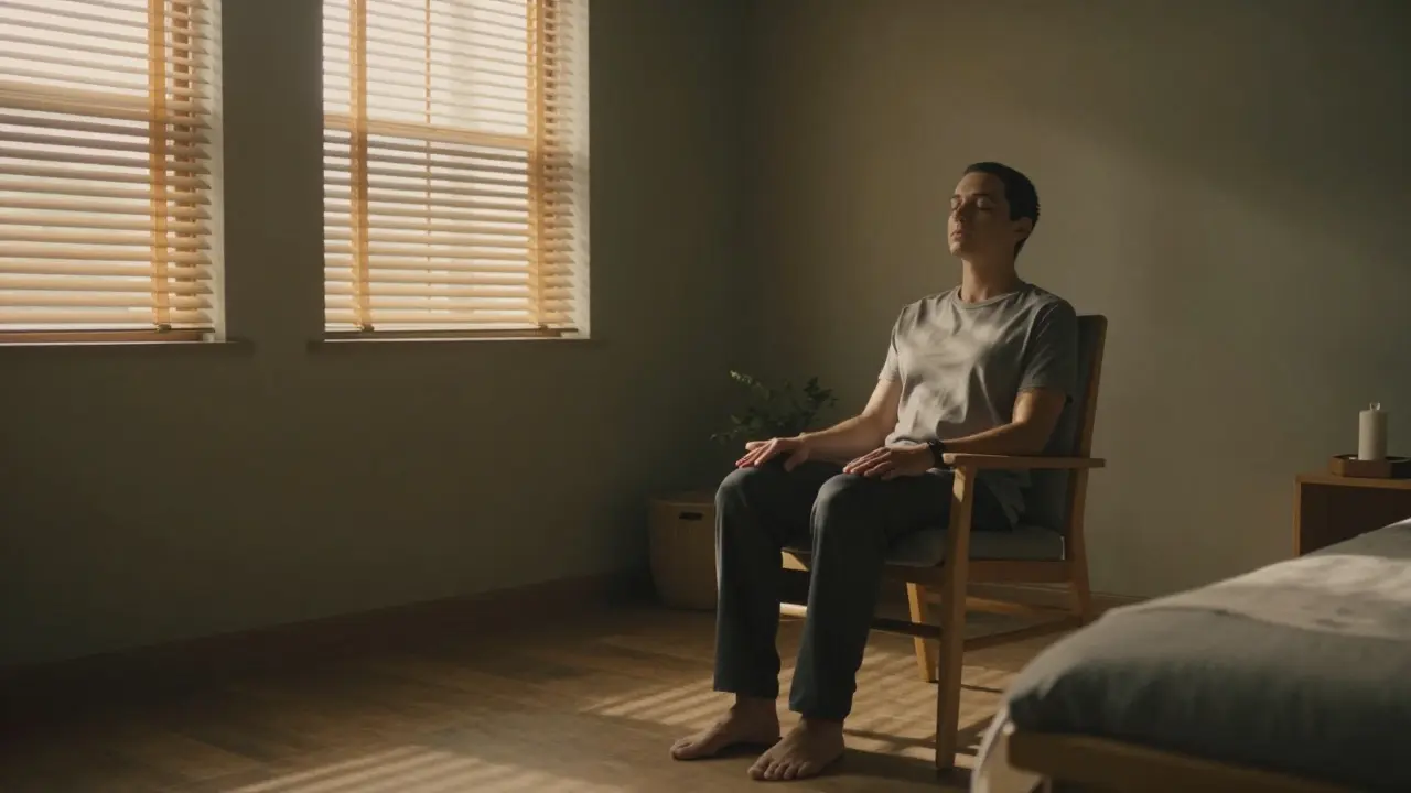 Osoba se zavřenýma očima pociťující hlubokou relaxaci a klid.