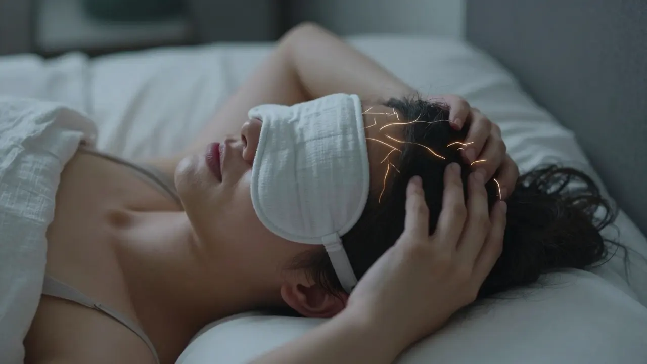 Osoba spí v klidu v noci s rukou na čele, jemně masíruje hlavu, měsíční světlo osvětluje polštář.