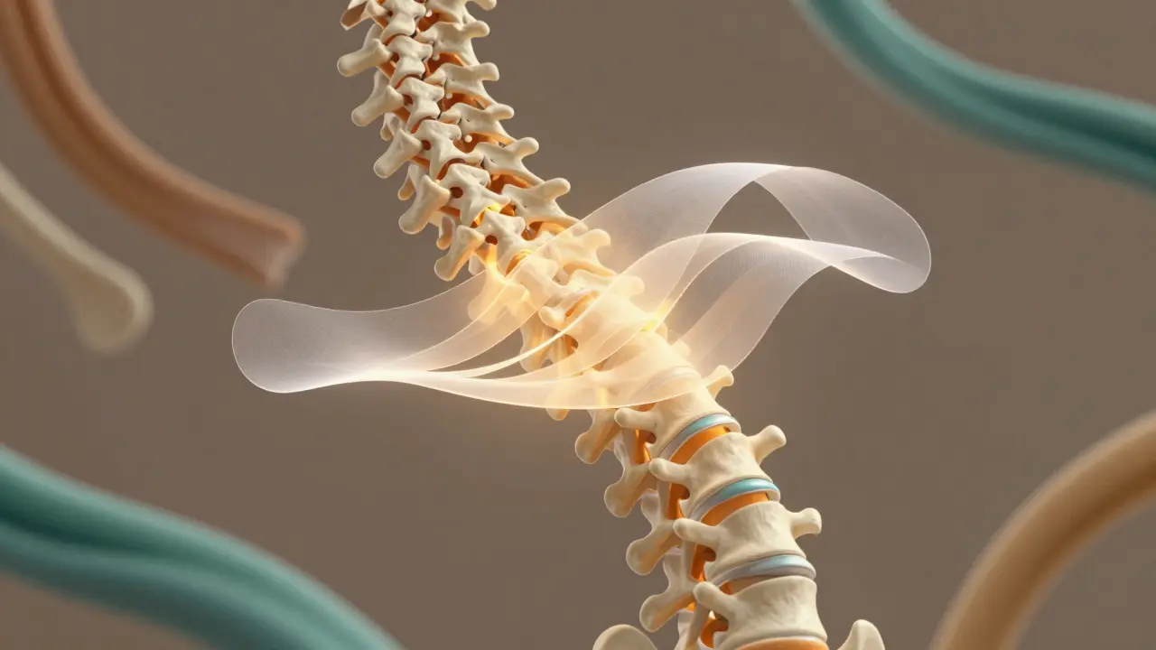 Přehled lidské páteře s kinesiologickým tejpem vlnitě obklopujícím páteř a světelnými proudy znázorňujícími léčebný účinek.