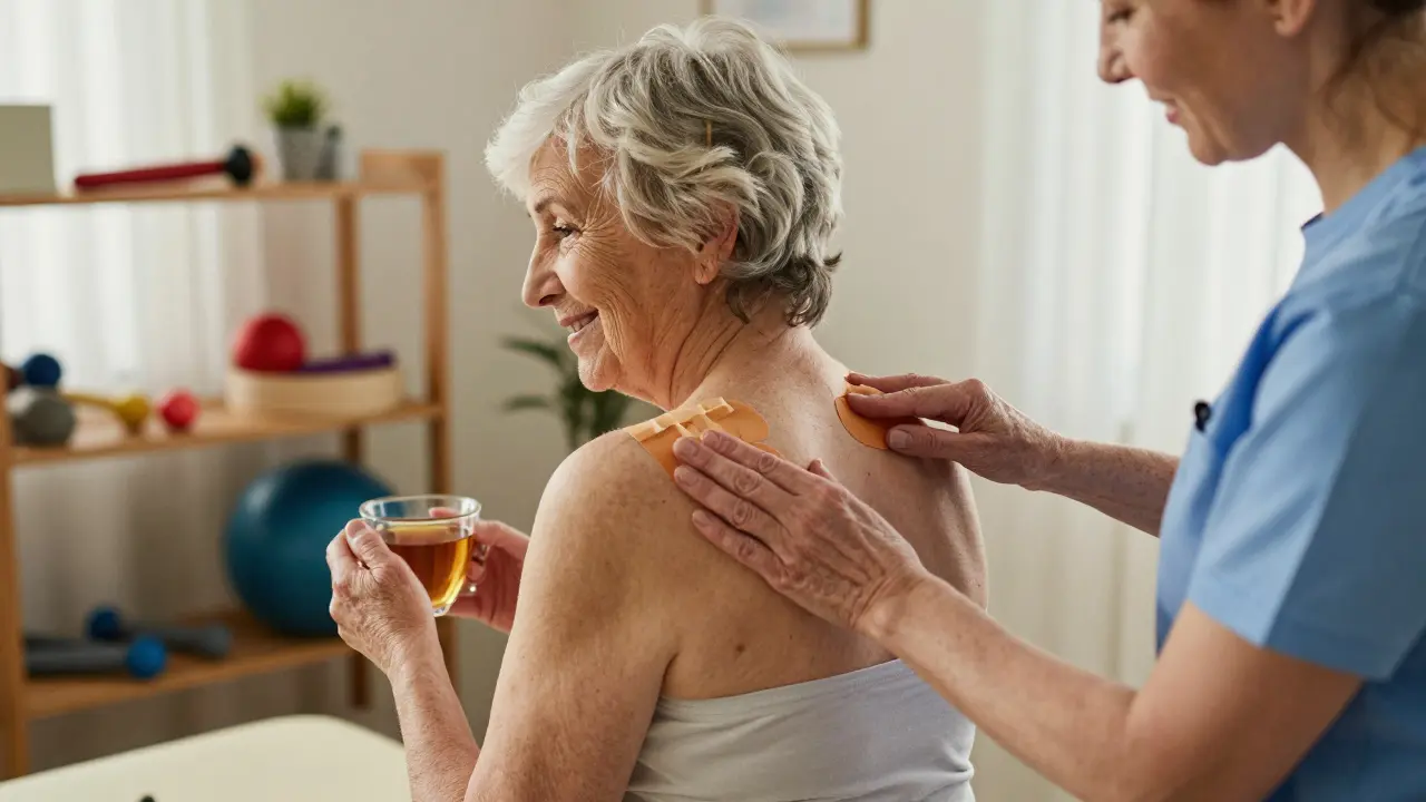Starší žena dostává tejpování od fyzioterapeuta v klinice, drží čaj a usmívá se.