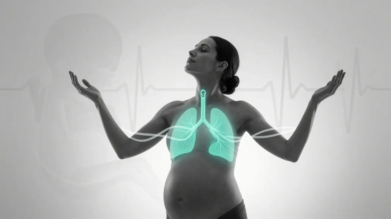 Těhotná žena dýchá hluboce s vizuálními proužky vzduchu, symbolizujícími uvolnění dýchání.