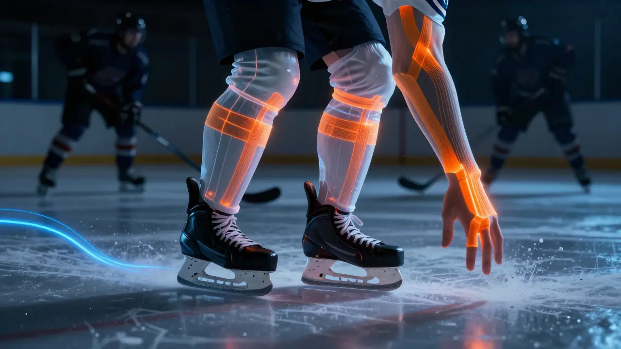 Transparenční zobrazení nervových signálů podél tejpovaných oblastí těla hokejisty na ledové ploše.