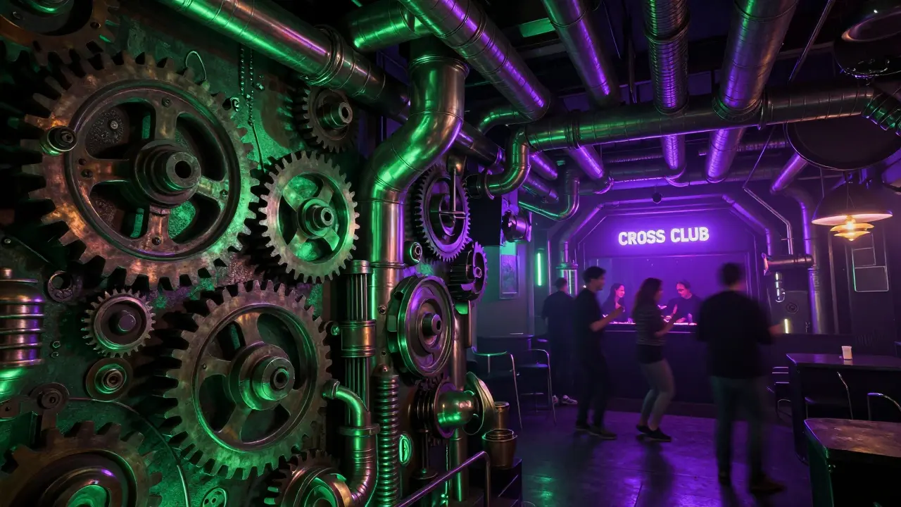 Industriální interiér Cross Clubu v Holešovicích s kovovými ozubenými koly a neonovým osvětlením.